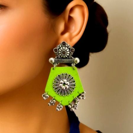 Light Green Fabric Jhumka Earrings With Silver Details